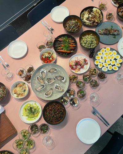 Top view of a lavish catering spread at GOOSE Eventspace