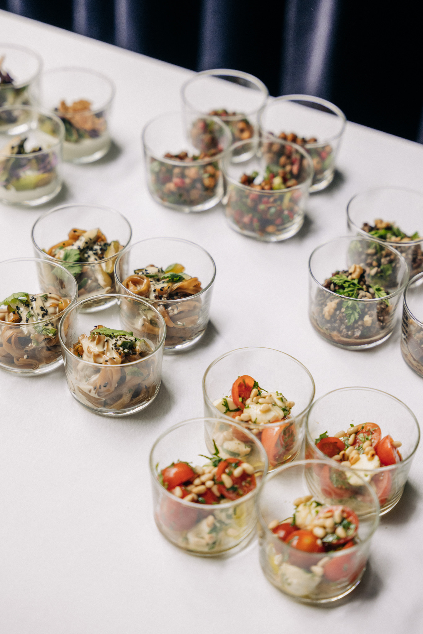 Buffet of savoury dishes served in glasses