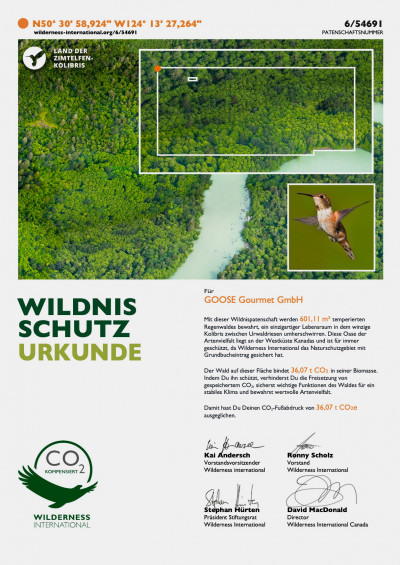 Wildnisschutz Urkunde der Wilderness International
